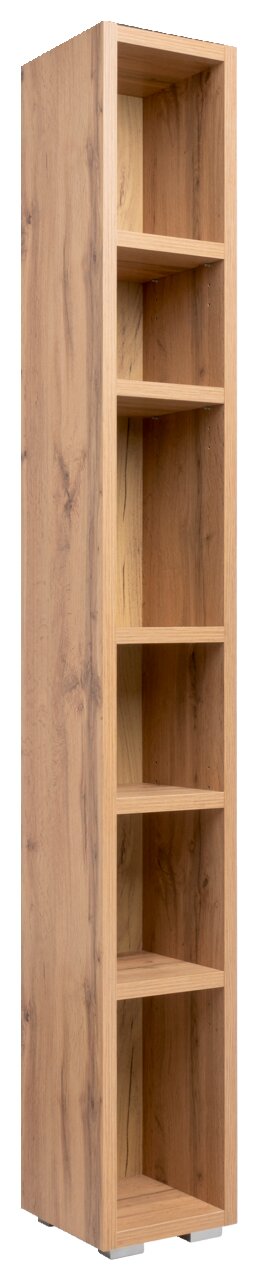 Hohes, schmales Regal aus Holz mit sechs offenen Fächern, seitliche Perspektive