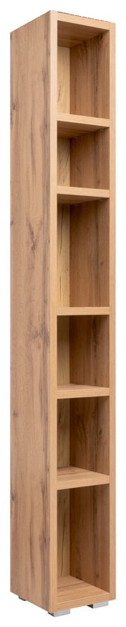 Hoge, smalle houten kast met zes open vakken, zijaanzicht