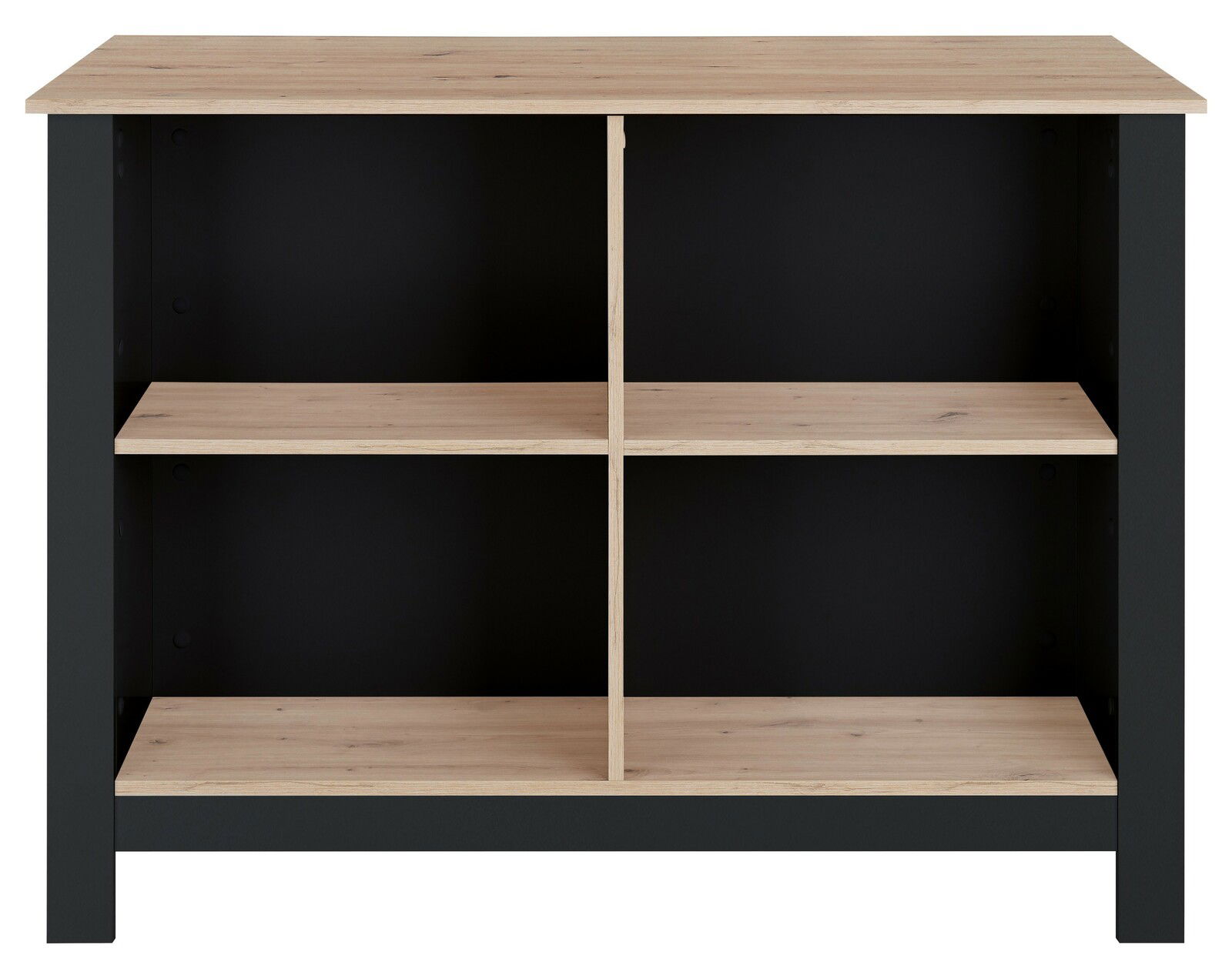 Kücheninsel mit schwarzem Rahmen und naturbelassenen Holzregalen, frontal betrachtet.