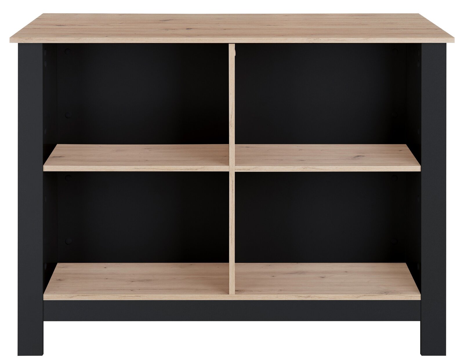 Kücheninsel mit schwarzem Rahmen und naturbelassenen Holzregalen, frontal betrachtet.