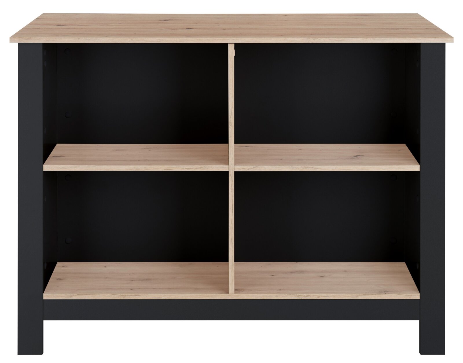 Keukeneiland met zwart frame en planken van onbehandeld hout, gezien vanaf de voorkant.