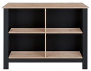Keukeneiland met zwart frame en planken van onbehandeld hout, gezien vanaf de voorkant.