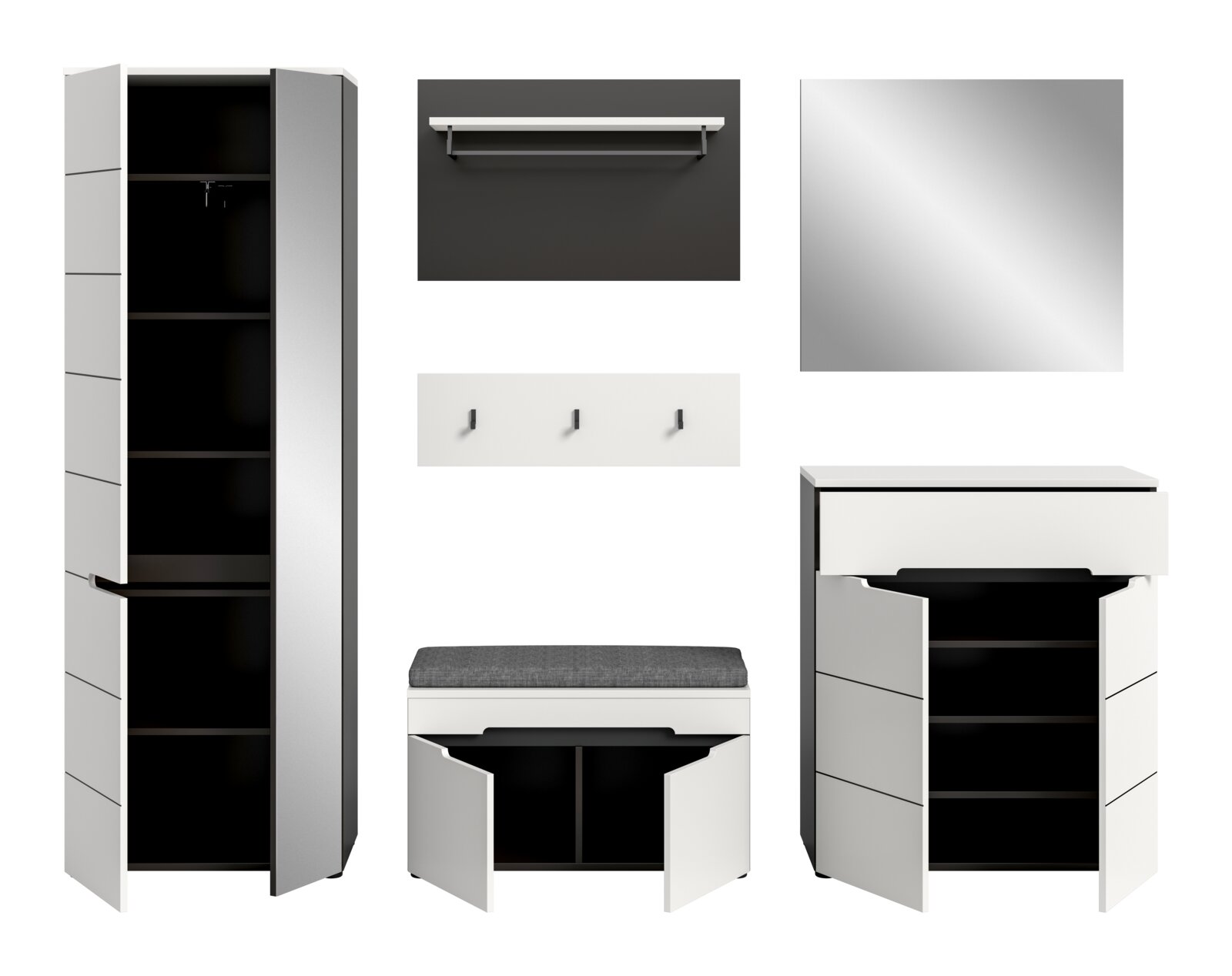 Modernes weißes Garderoben-Set mit hohem Schrank, Sitzbank mit grauem Polster, Spiegel, Wandboard und Hakenleiste; Frontansicht mit zusätzlichen Detailansichten der geöffneten Türen.