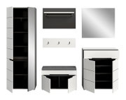 Modernes weißes Garderoben-Set mit hohem Schrank, Sitzbank mit grauem Polster, Spiegel, Wandboard und Hakenleiste; Frontansicht mit zusätzlichen Detailansichten der geöffneten Türen.