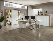 Moderne Büroumgebung mit Schreibtisch, Bürostuhl und Regalen, seitliche Perspektive