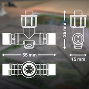 T-Verbinder mit den Maßen 55 mm Breite, 35 mm Höhe und 15 mm Tiefe, dargestellt aus der Vorder- und Seitenansicht.