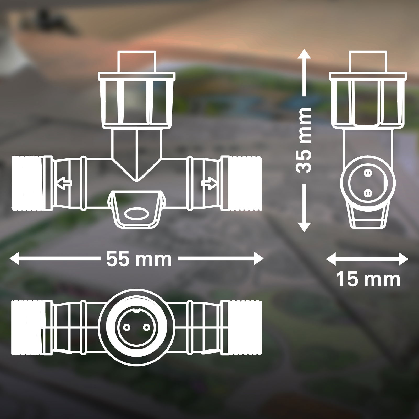 T-Verbinder mit den Maßen 55 mm Breite, 35 mm Höhe und 15 mm Tiefe, dargestellt aus der Vorder- und Seitenansicht.
