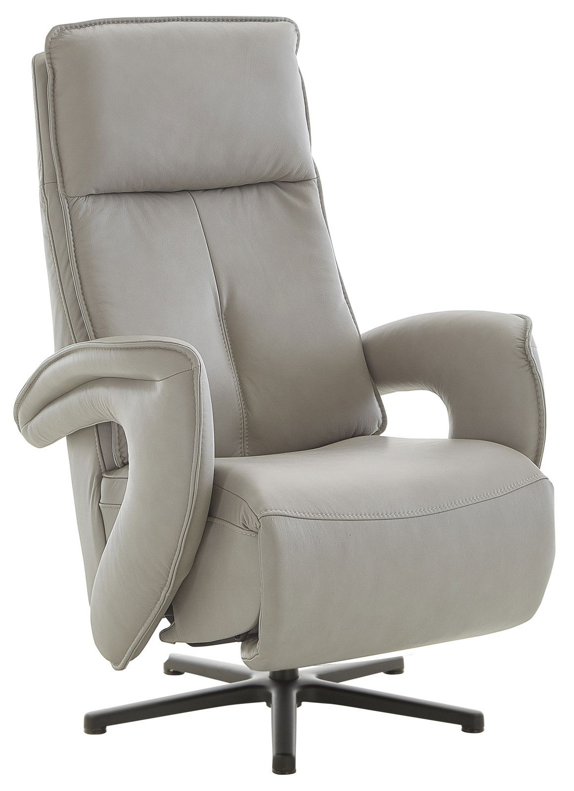 Grauer Relax-Sessel aus Leder mit hoher Rückenlehne und Armlehnen, seitliche Perspektive