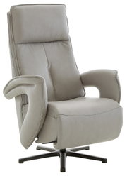 Grijze lederen relaxfauteuil met hoge rugleuning en armleuningen, zijaanzicht