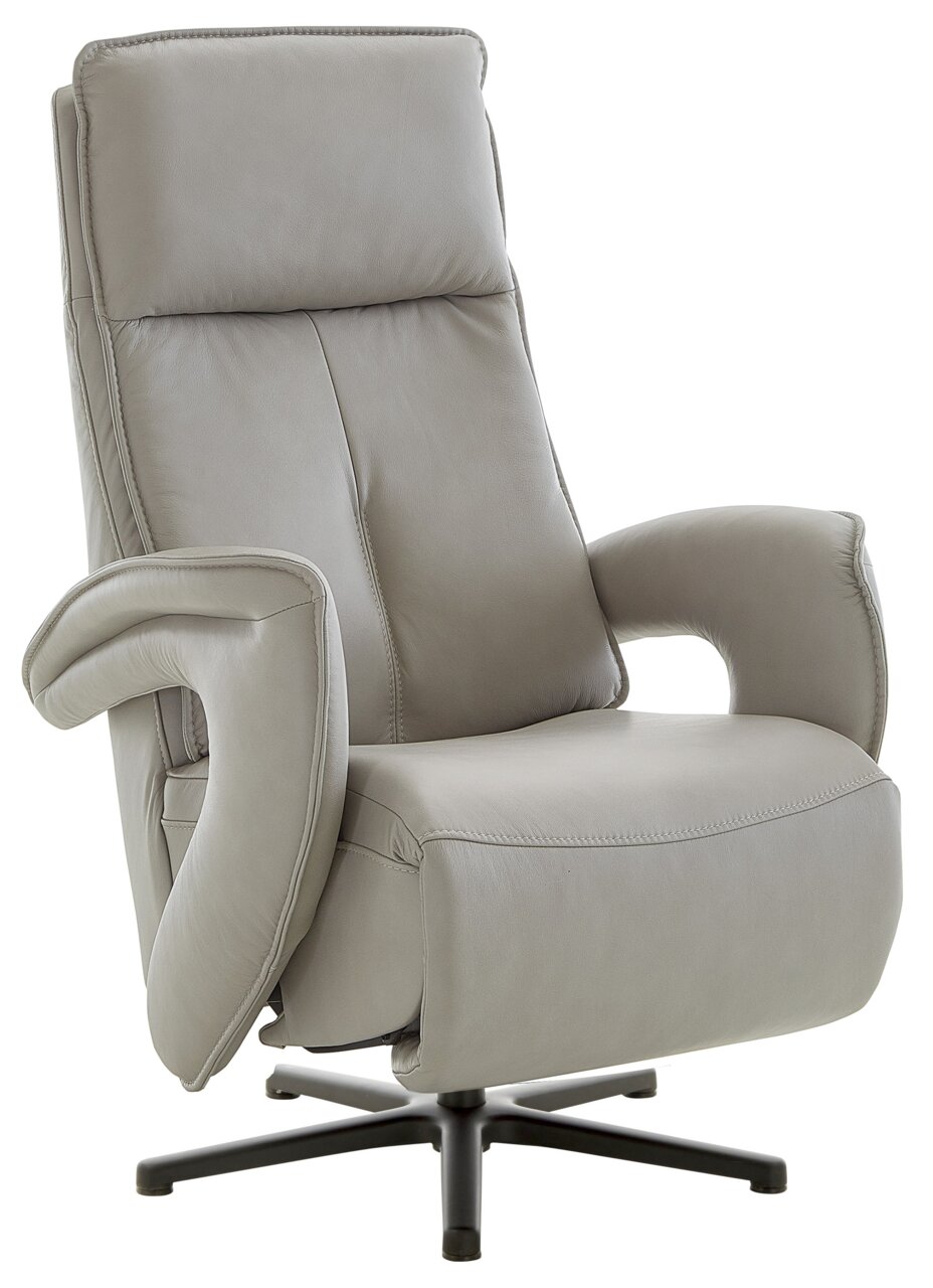 Grijze lederen relaxfauteuil met hoge rugleuning en armleuningen, zijaanzicht