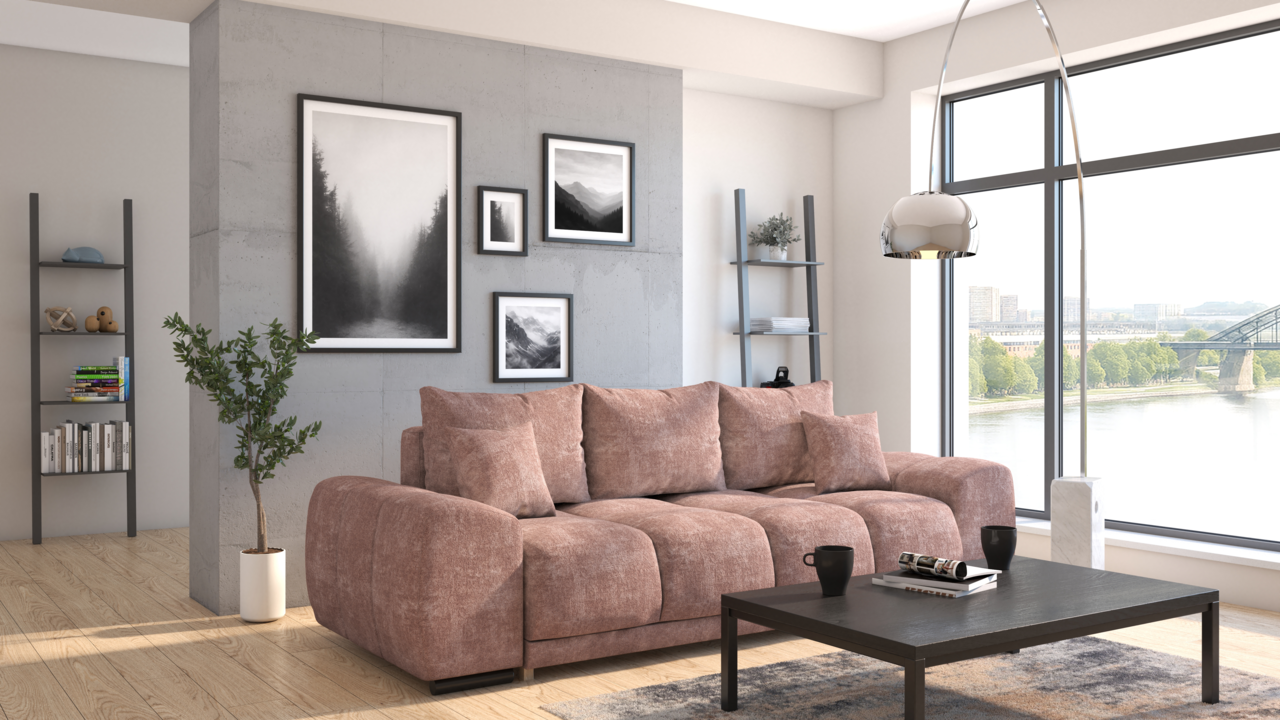 Gemütliches Funktionssofa in einem modernen Wohnzimmer mit großen Fenstern und Blick auf die Stadt, aus der Vorderperspektive fotografiert.