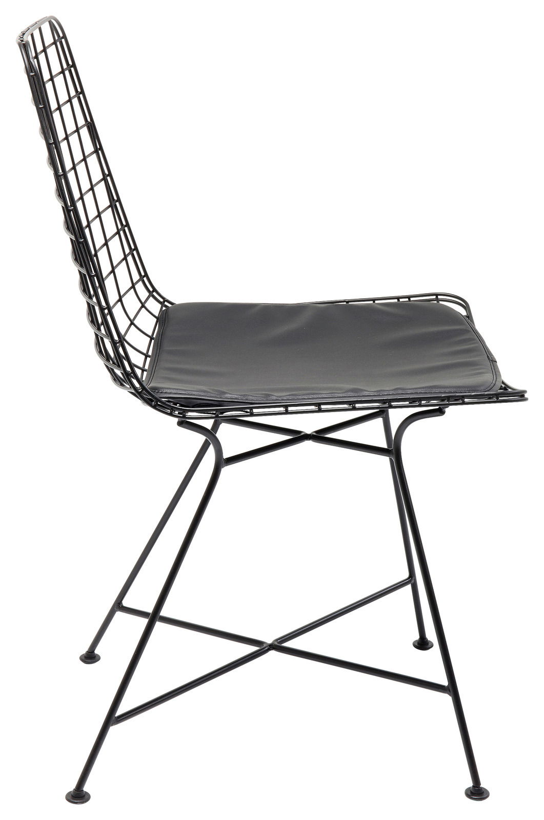 Moderner schwarzer Drahtstuhl mit Sitzpolster, Seitenansicht