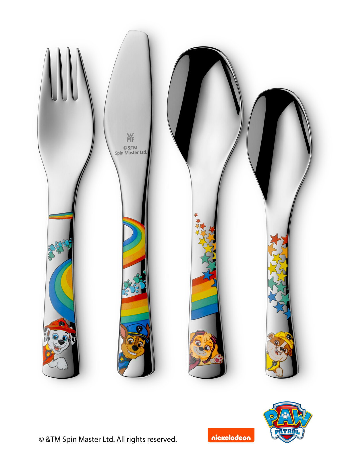 Kinderbesteck-Set mit Paw Patrol Motiven, bestehend aus Gabel, Messer, Esslöffel und Teelöffel, mit bunten Regenbogen- und Sternendesigns, Vorderansicht.