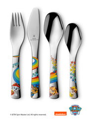 Kinderbesteck-Set mit Paw Patrol Motiven, bestehend aus Gabel, Messer, Esslöffel und Teelöffel, mit bunten Regenbogen- und Sternendesigns, Vorderansicht.