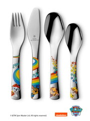 Kinderbesteck-Set mit Paw Patrol Motiven, bestehend aus Gabel, Messer, Esslöffel und Teelöffel, mit bunten Regenbogen- und Sternendesigns, Vorderansicht.