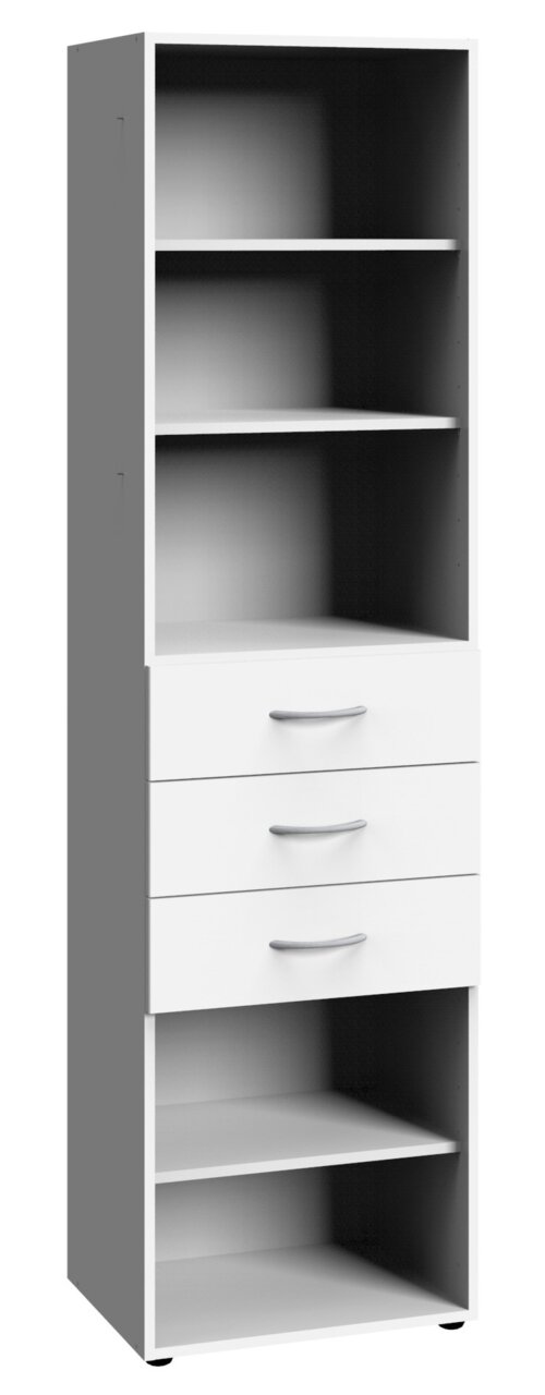 XORA Regal hoch MULTIRAUMKONZEPT Weißes hohes Regal mit drei offenen Fächern oben, drei Schubladen in der Mitte und zwei offenen Fächern unten, seitliche Perspektive.