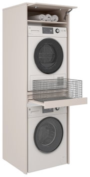 Hoge waskast in beige met daarin een boven elkaar geplaatste voorladerwasmachine en droger, bovenaan een opklapbaar vak met handdoeken en een uittrekbare draadmand, licht schuin van voren gezien