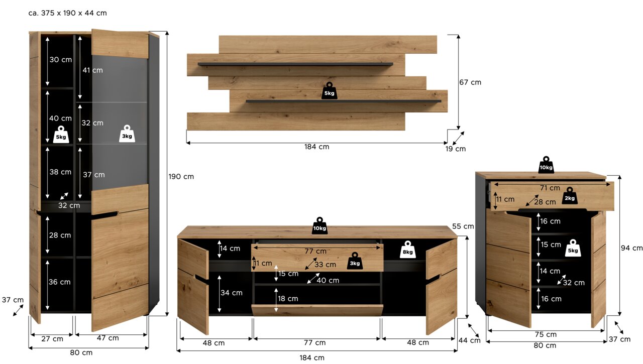 Bemaßte Darstellung eines Wohnzimmersets in Eiche-Optik mit schwarzen Akzenten: hoher Vitrinenschrank, TV-Lowboard, Wandpaneel mit zwei Ablagen und Kommode; gezeigt in Frontansicht mit teils geöffneter Tür/Schubladen sowie Seitenansichten und Maßangaben.