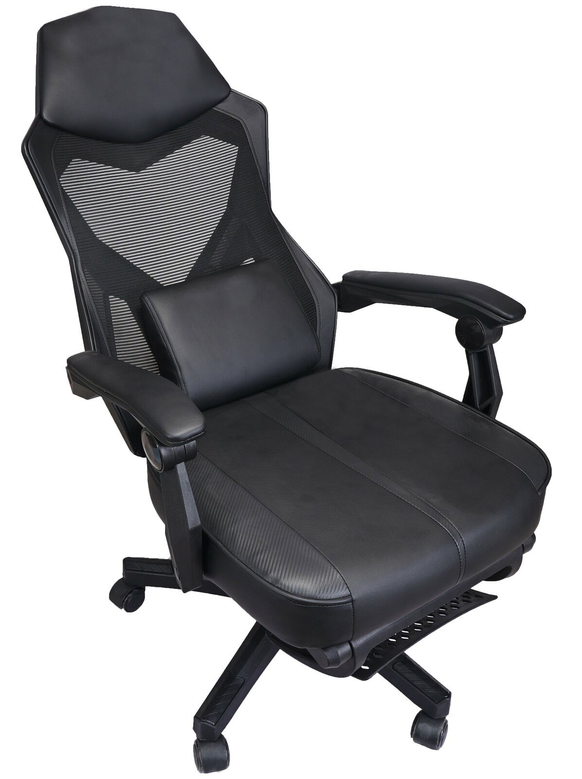 Schwarzer Gaming Stuhl mit ergonomischem Design, Netzrückenlehne und gepolsterten Armlehnen, seitliche Perspektive