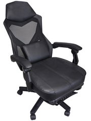 Schwarzer Gaming Stuhl mit ergonomischem Design, Netzrückenlehne und gepolsterten Armlehnen, seitliche Perspektive