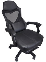 Schwarzer Gaming Stuhl mit ergonomischem Design, Netzrückenlehne und gepolsterten Armlehnen, seitliche Perspektive