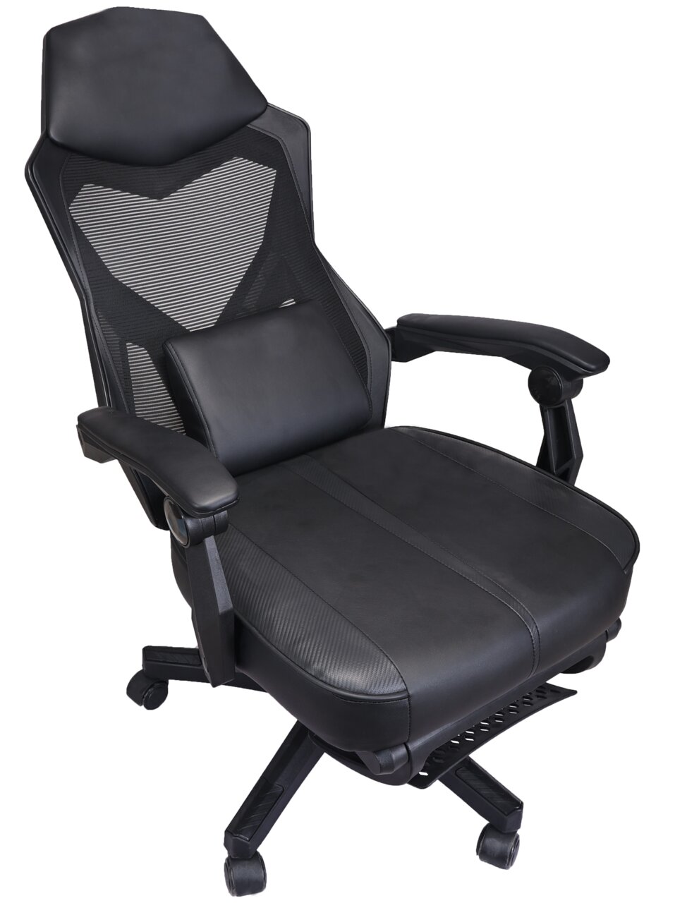 Schwarzer Gaming Stuhl mit ergonomischem Design, Netzrückenlehne und gepolsterten Armlehnen, seitliche Perspektive