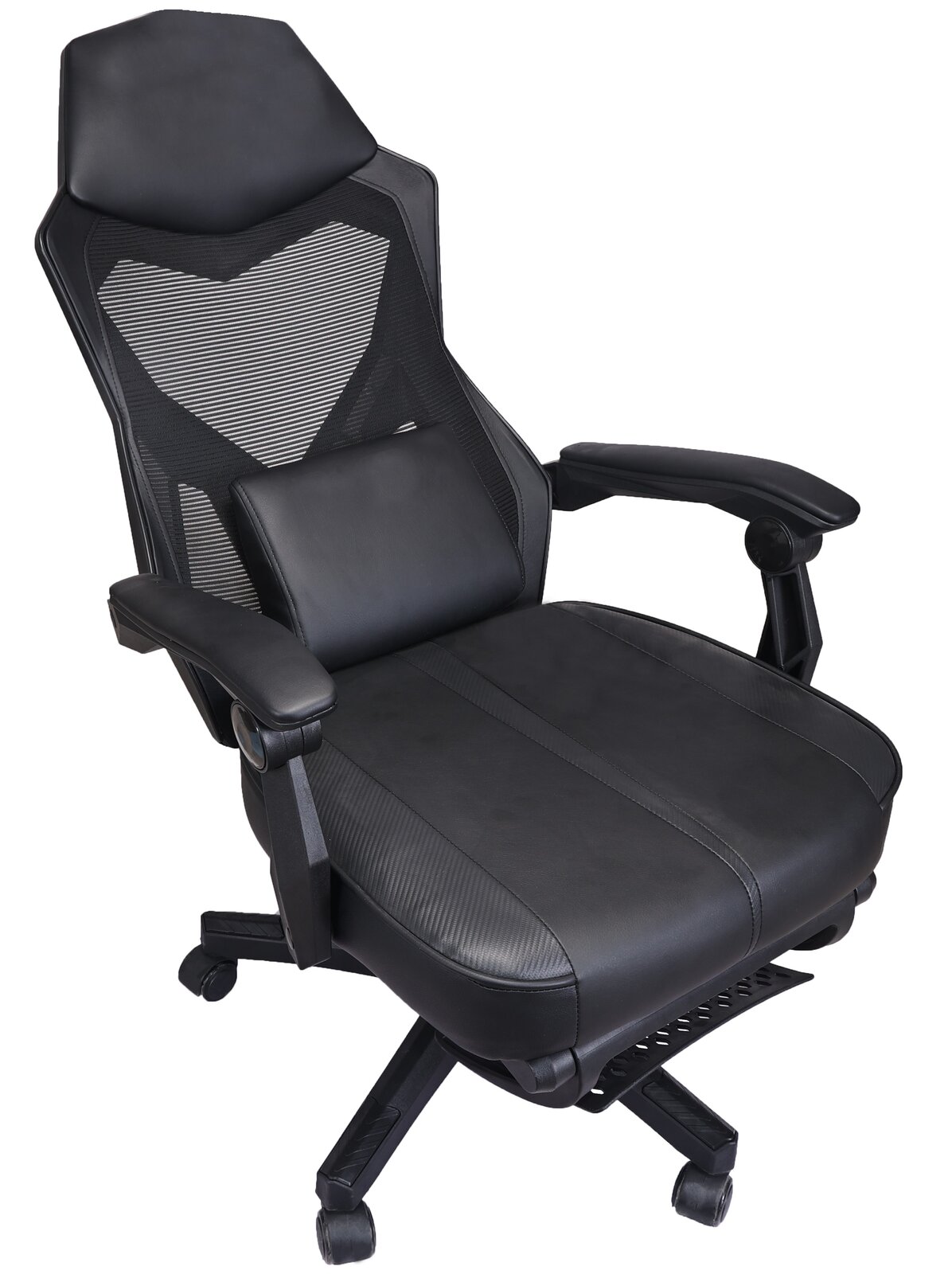 Schwarzer Gaming Stuhl mit ergonomischem Design, Netzrückenlehne und gepolsterten Armlehnen, seitliche Perspektive