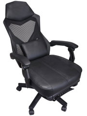 Schwarzer Gaming Stuhl mit ergonomischem Design, Netzrückenlehne und gepolsterten Armlehnen, seitliche Perspektive