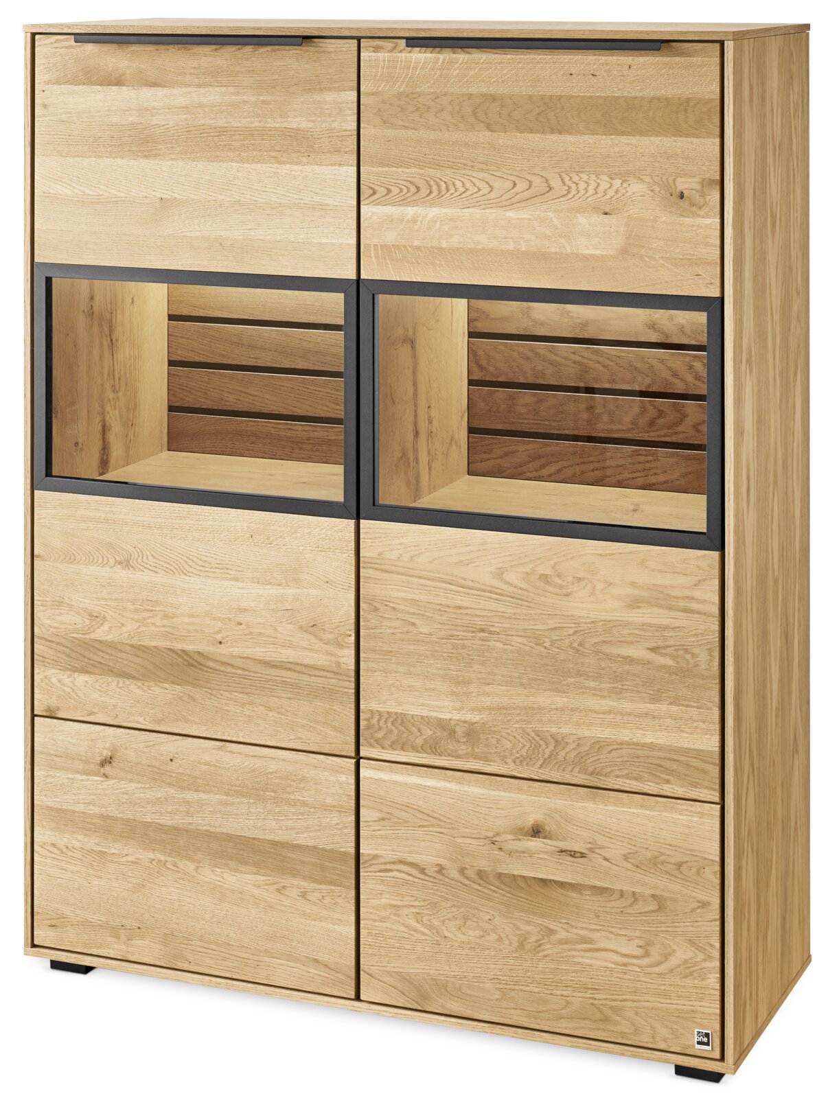 Set one by Musterring Highboard SET ONE JACKSON Hohe Holzkommode aus Eiche mit zwei Schubladen oben und vier Türen, mittig zwei offene Fächer mit dunklem Rahmen und Lamellenrückwand, Frontansicht leicht von rechts