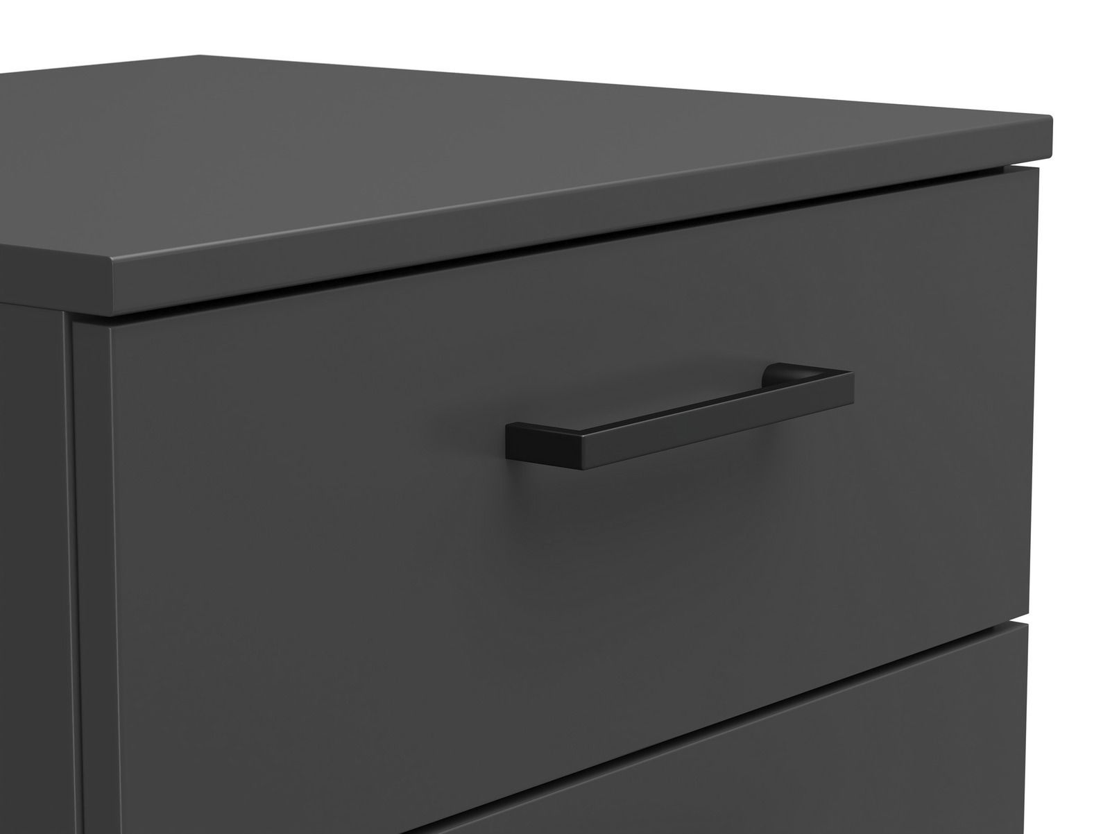 Nahaufnahme einer modernen, dunkelgrauen Kommode mit schlichter Griffleiste, perspektivisch von oben links fotografiert.