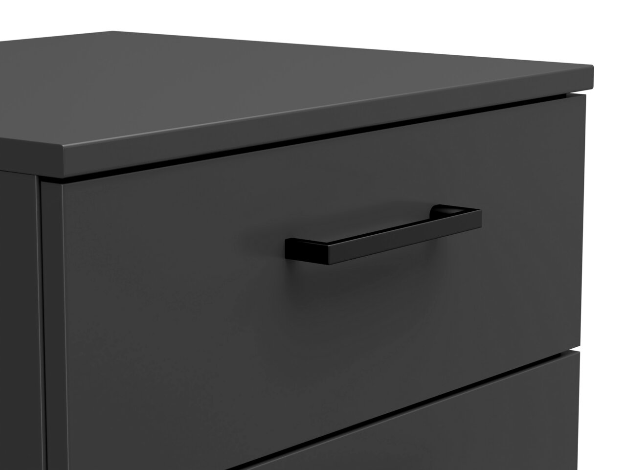 Nahaufnahme einer modernen, dunkelgrauen Kommode mit schlichter Griffleiste, perspektivisch von oben links fotografiert.
