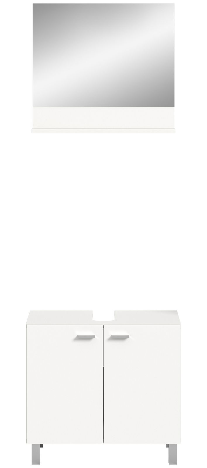 Frontale Ansicht eines weißen Waschbeckenunterschranks mit zwei Türen und silbernen Griffen, darüber ein rechteckiger Spiegel.