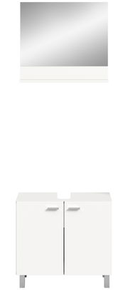 Frontale Ansicht eines weißen Waschbeckenunterschranks mit zwei Türen und silbernen Griffen, darüber ein rechteckiger Spiegel.