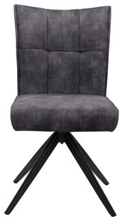 Vorderansicht eines modernen, gepolsterten Stuhls mit schwarzem Metallgestell und grauem Stoffbezug.