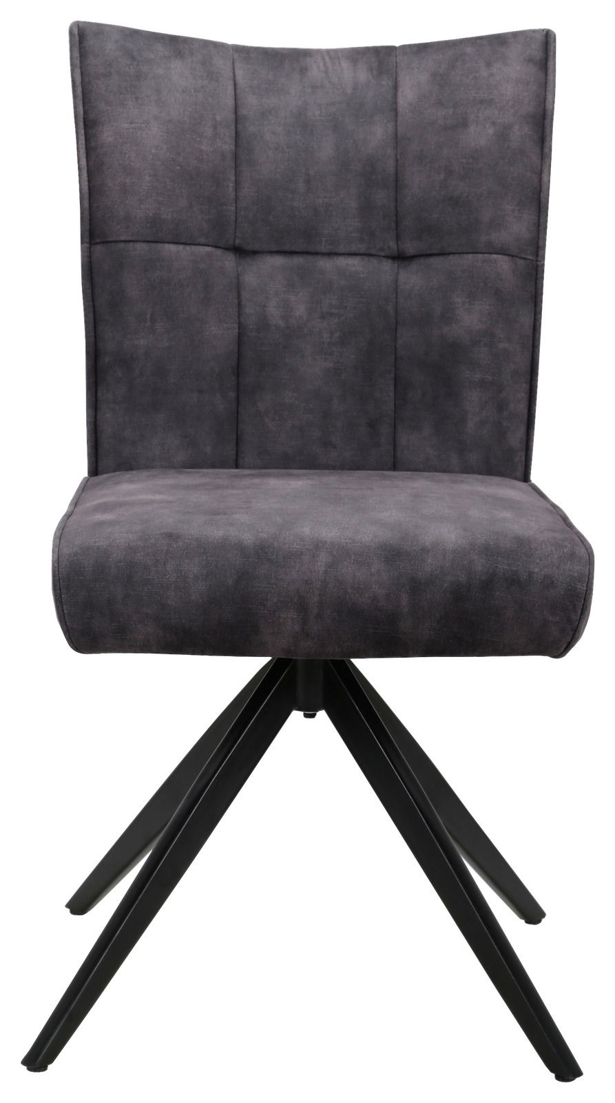 Vorderansicht eines modernen, gepolsterten Stuhls mit schwarzem Metallgestell und grauem Stoffbezug.