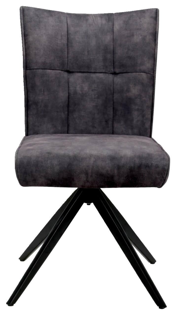 Vorderansicht eines modernen, gepolsterten Stuhls mit schwarzem Metallgestell und grauem Stoffbezug.