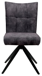 Vorderansicht eines modernen, gepolsterten Stuhls mit schwarzem Metallgestell und grauem Stoffbezug.