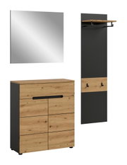 Modernes Garderoben-Set in Schwarz und Eiche-Optik mit Spiegel, Schuhschrank und Wandpaneel mit Ablage und Haken, freigestellt auf Weiß, Frontansicht