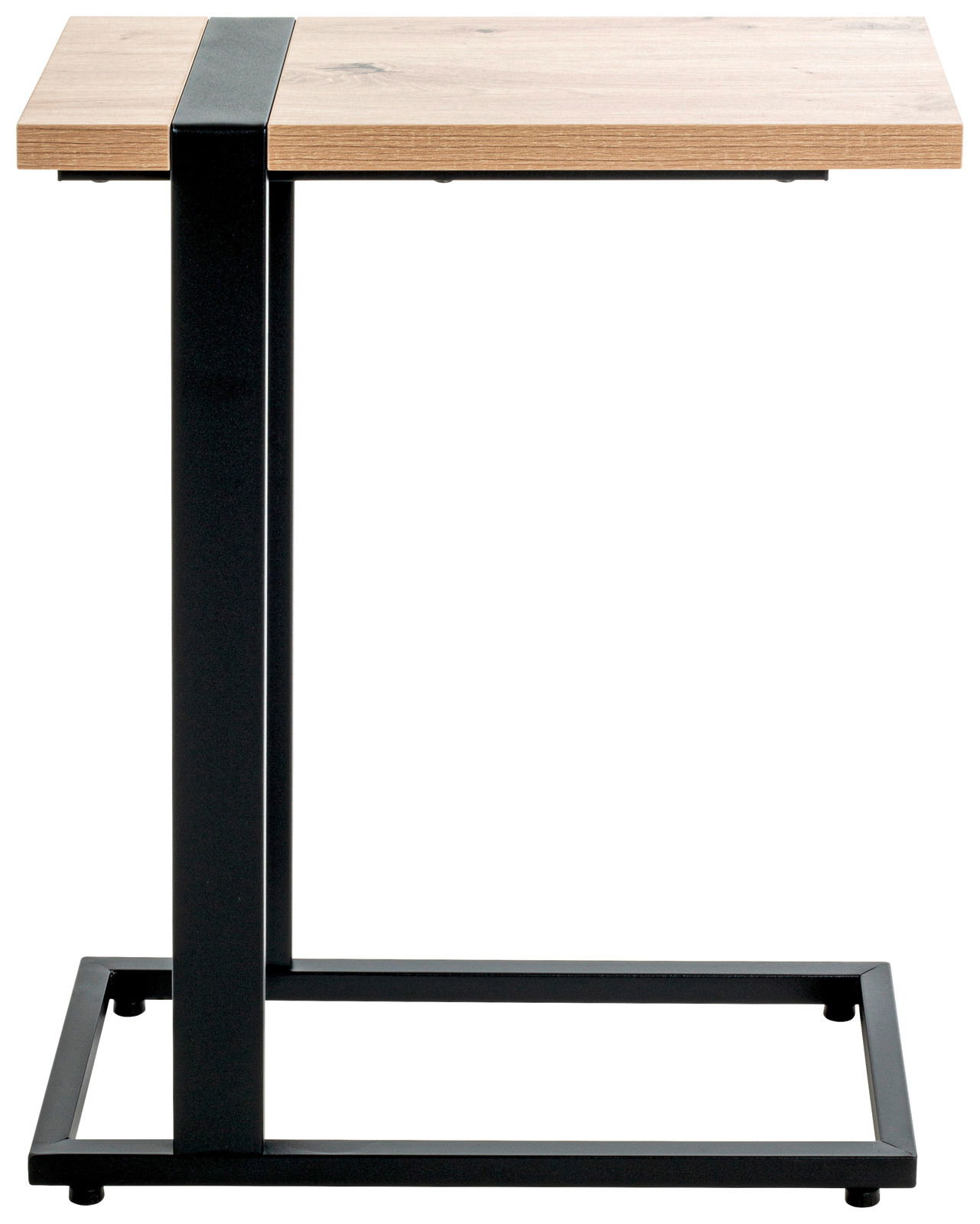 Moderner Beistelltisch mit Holzplatte und schwarzem Metallgestell, seitliche Perspektive