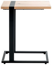 Moderner Beistelltisch mit Holzplatte und schwarzem Metallgestell, seitliche Perspektive