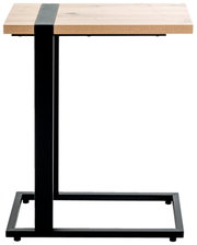 Moderner Beistelltisch mit Holzplatte und schwarzem Metallgestell, seitliche Perspektive