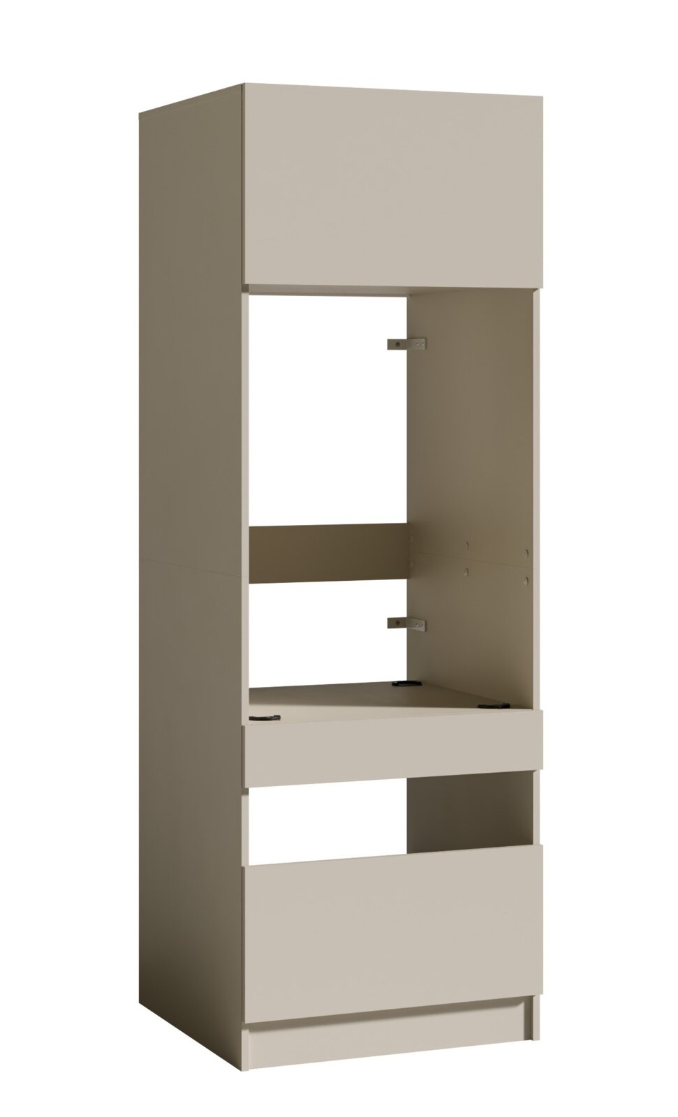 Beiger Hochschrank/Küchenschrank mit offenem Gerätefach und unterem Auszug, freistehend auf weißem Hintergrund, schräg von vorn links in leichter Aufsicht fotografiert