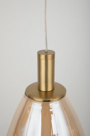 Nahaufnahme einer LED-Hängeleuchte mit goldener Fassung und transparentem Schirm, von unten fotografiert.