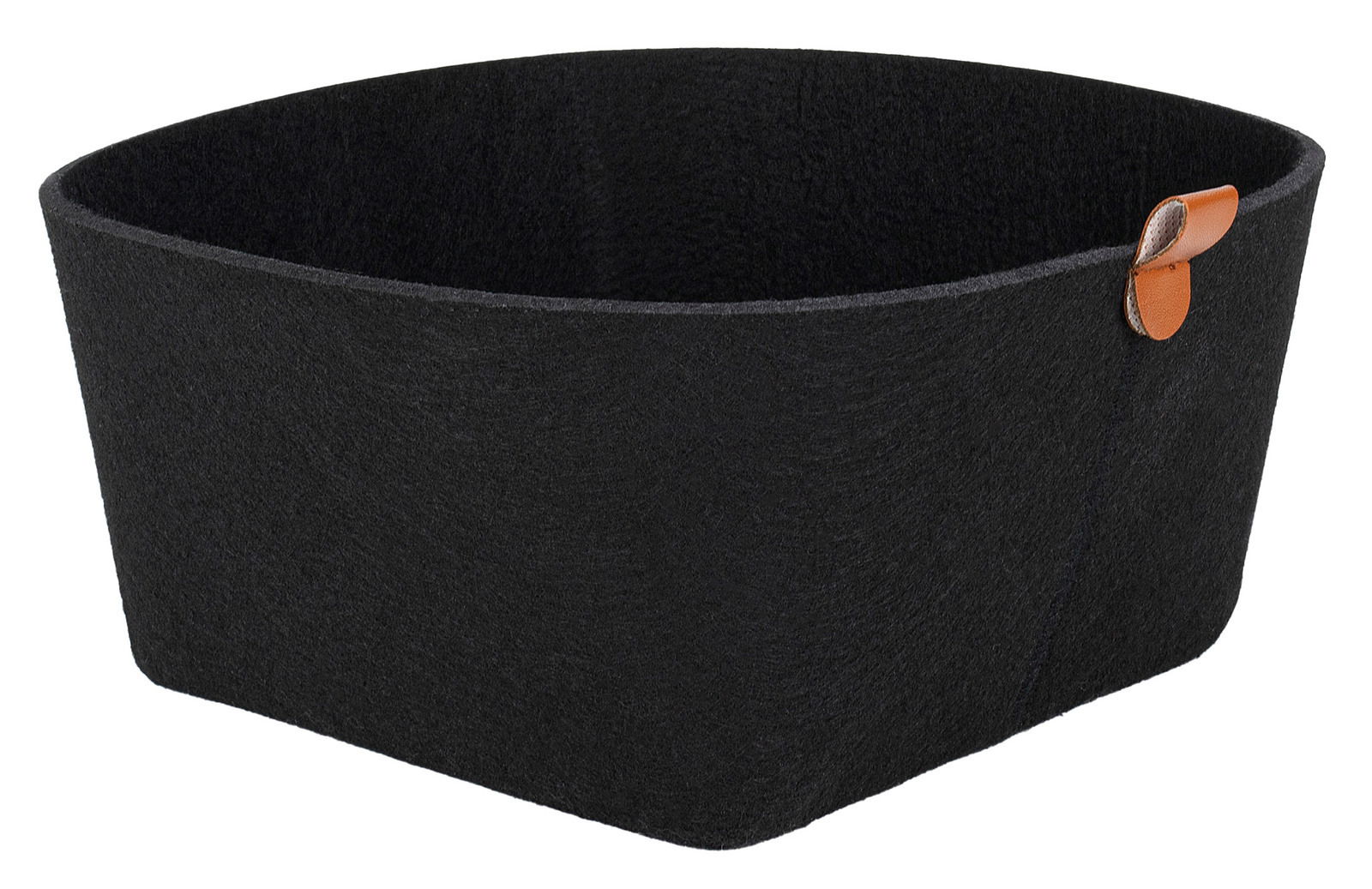 Schwarzer, eckiger Filzkorb mit braunem Griff, seitliche Perspektive