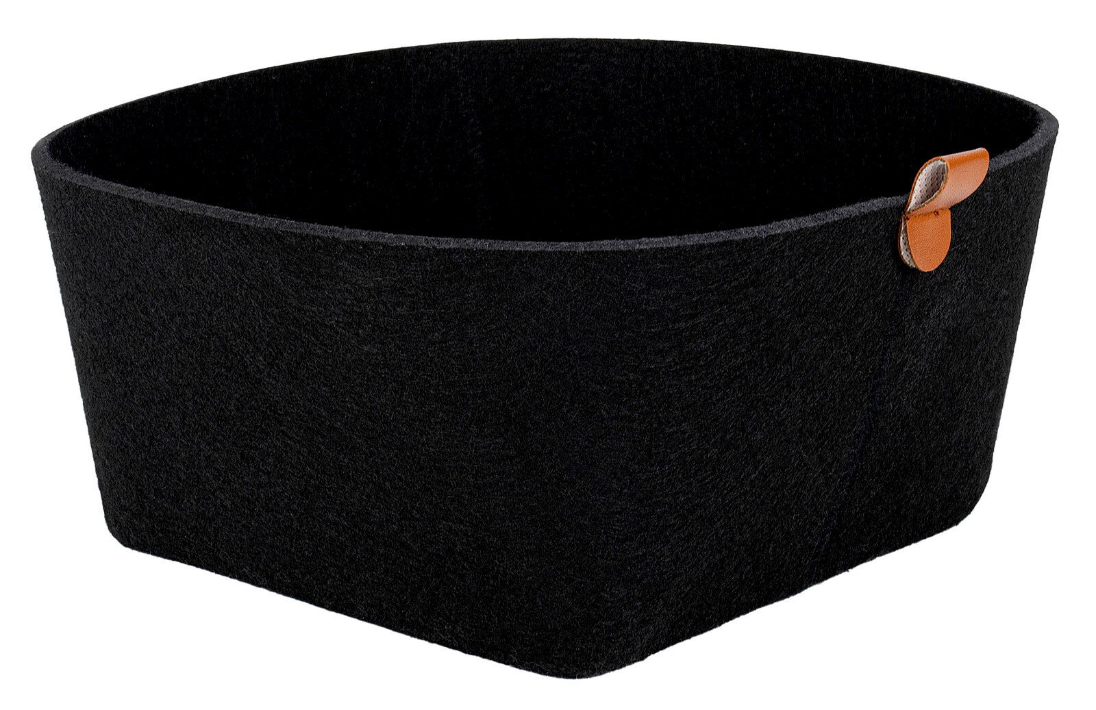 Schwarzer, eckiger Filzkorb mit braunem Griff, seitliche Perspektive