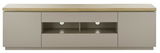 Frontansicht eines XL-TV-Lowboards mit hellem Holzdeckel und grauen Schubladen.