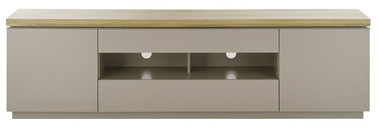 Frontansicht eines XL-TV-Lowboards mit hellem Holzdeckel und grauen Schubladen.