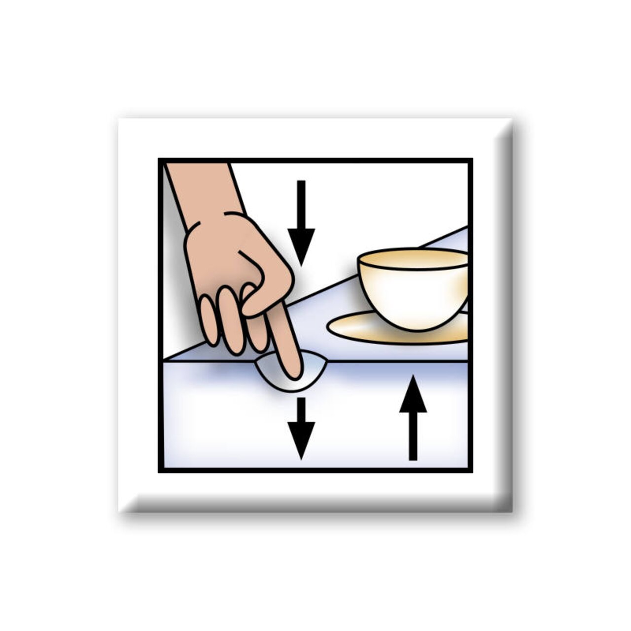 Illustration einer Hand, die auf eine Matratze drückt, um die Flexibilität zu zeigen, mit einer Tasse im Hintergrund. Perspektive von oben.