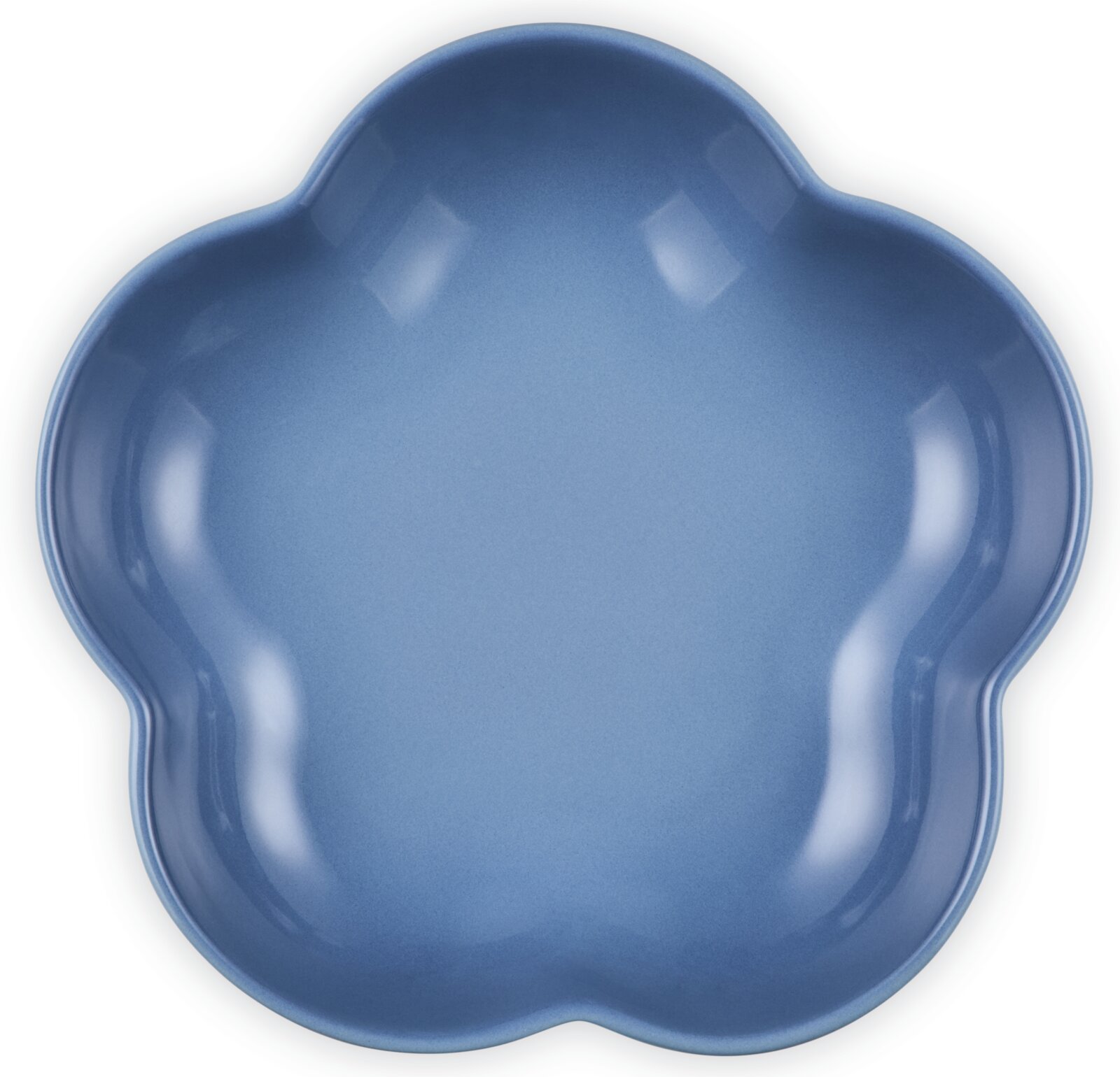 Blauwe, bloemvormige schaal met een diameter van 21 cm, gezien van bovenaf