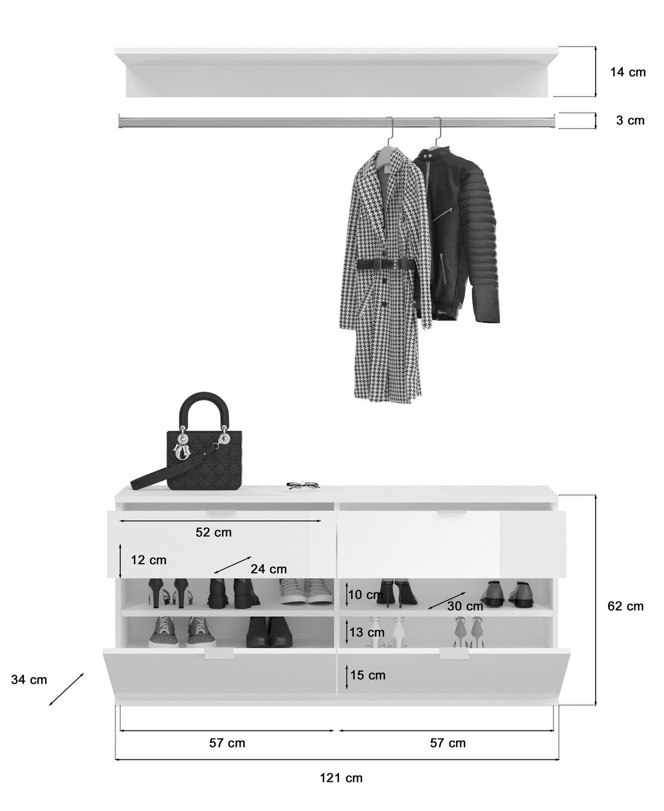 Garderobenkombination in Frontalansicht mit Hängestange und Schuhschrank, inklusive Mantel und Jacke auf Bügeln sowie Handtasche auf der Ablage.